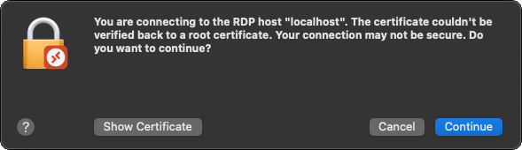 Microsoft Remote Desktop Pop-up Warning reading "The certificate couldn't be verified back to a root certificate."