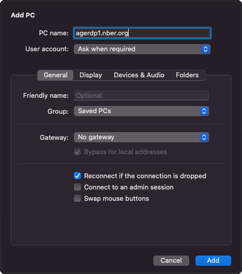 Microsoft Remote Desktop panel for Mac, set up for agerdp1.nber.org