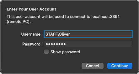 Microsoft Remote Desktop Enter User Account window with "STAFF\Oliver" entered as username and a hidden password enterd.