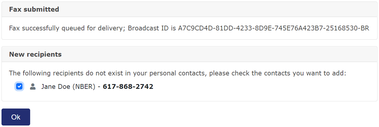 An XM Fax send receipt, and a prompt to add Jane Doe to contacts, with the box checked.